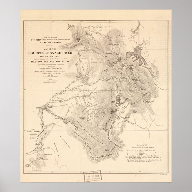1870:s Karta Sources of Snake River Wyoming Idaho Poster (Framsidan)