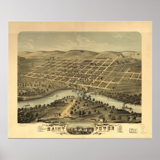 1870 Saint Peter, MN Birds Öga View Panoramic Kart Poster (Framsidan)