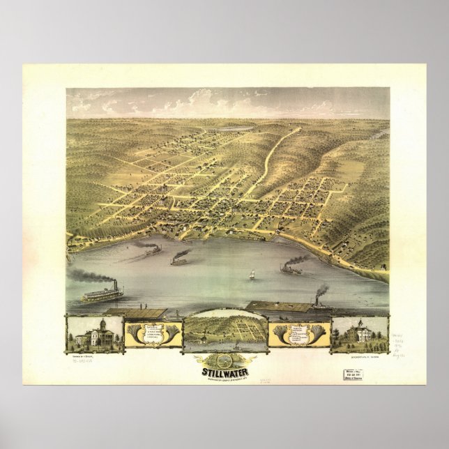 1870 Stillwater, MN Birds Öga View Panoramic Karta Poster (Framsidan)