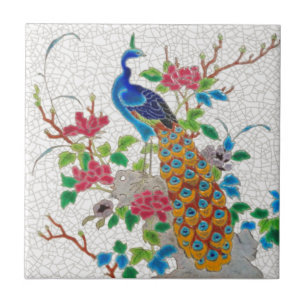 1870-talets tetiska Fransk Longwy Peacock Repro Kakelplatta