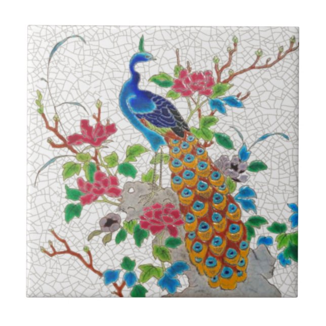 1870-talets tetiska Fransk Longwy Peacock Repro Kakelplatta (Framsidan)