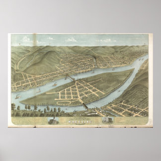 1870 Wheeling, WV Bird's Öga View Panoramic Karta Poster