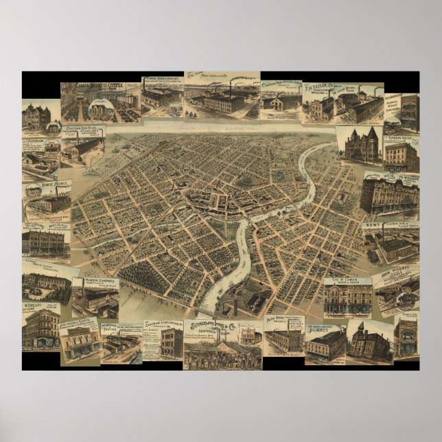 1870's Chatham, Ontario Birds Öga Panoramic Karta Poster (Framsidan)