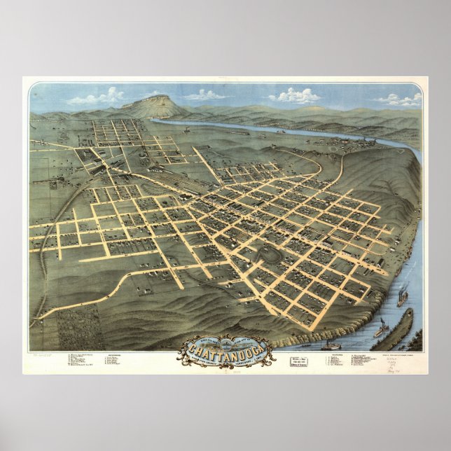 1871 Chattanooga, TN Birds Öga View Panoramic Kart Poster (Framsidan)