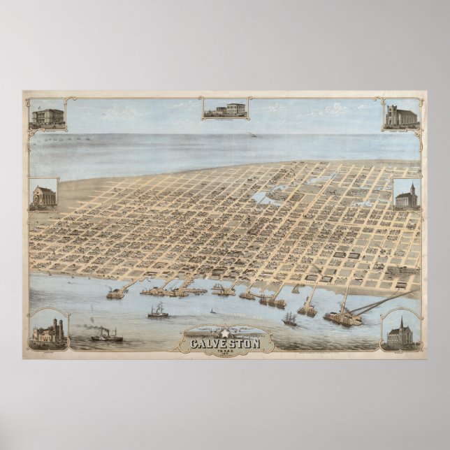 1871 Galveston, TX Birds Öga View Panoramic Karta Poster (Framsidan)