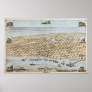 1871 Galveston, TX-fågelöga beskådar den panorama- Poster