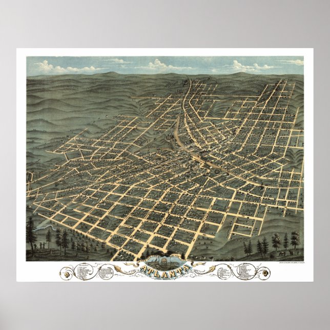 1871 Panoramic Karta Birds Öga View of Atlanta, GA Poster (Framsidan)