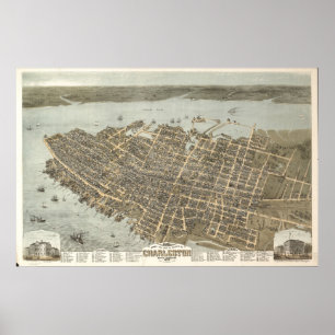 1872 Charleston, SC Birds Öga View Panoramic Karta Poster
