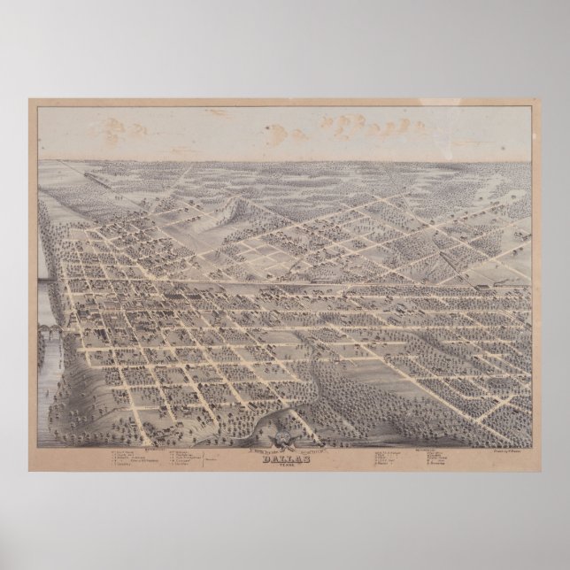 1872 Dallas, TX Birds Öga View Panoramic Karta Poster (Framsidan)