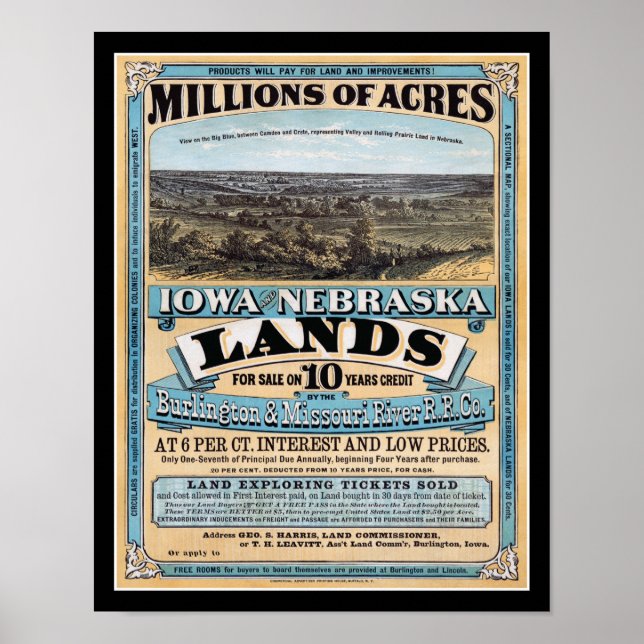 1872 Iowa Nebraska Land Sale Poster (Framsidan)
