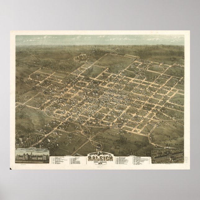 1872 Raleigh, NC Birds Öga View Panoramic Karta Poster (Framsidan)
