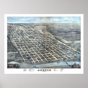 1873 Austin, TX-fågel öga beskådar den panorama- Poster