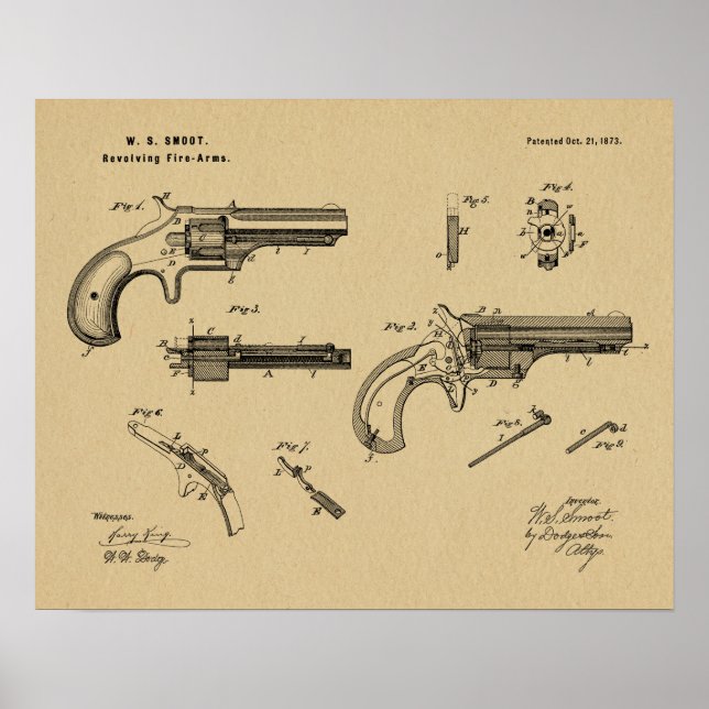 1873 Gun Revolver Patent Art Teckning Skriv ut Poster (Framsidan)