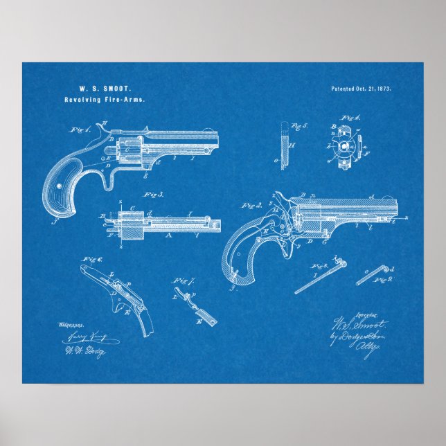 1873 Gun Revolver Patent Art Teckning Skriv ut Poster (Framsidan)