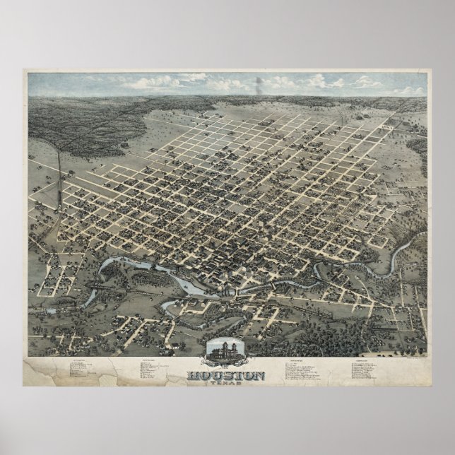 1873 Houston, TX Birds Öga View Panoramic Karta Poster (Framsidan)