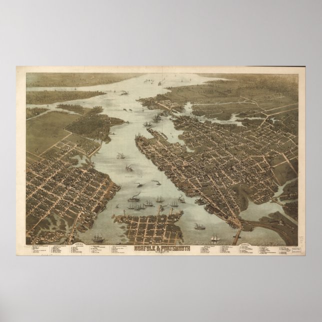 1873 Norfolk Portsmouth VA BirdsEye Panoramic Kart Poster (Framsidan)
