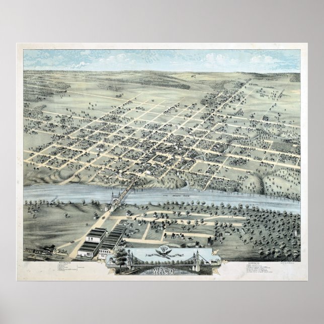 1873 Waco, TX Birds Öga View Panoramic Karta Poster (Framsidan)