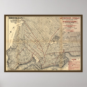 1874 Brooklyn City Railroad Company Route Karta Poster