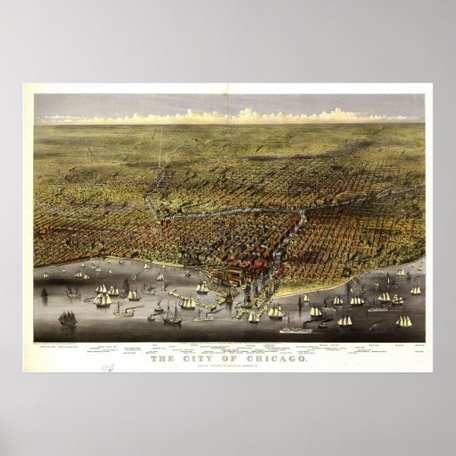 1874 Chicago, IL Birds Öga View Panoramic Karta Poster (Framsidan)