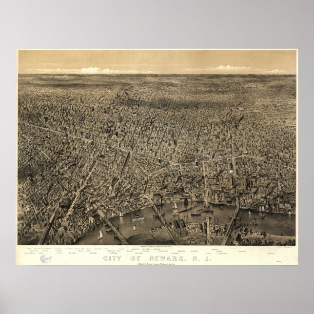 1874 Newark, NJ Birds Öga View Panoramic Karta Poster (Framsidan)