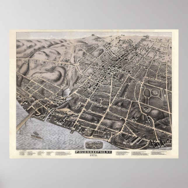 1874 Poughkeepsie, NY Birds Öga View Panoramic Kar Poster (Framsidan)