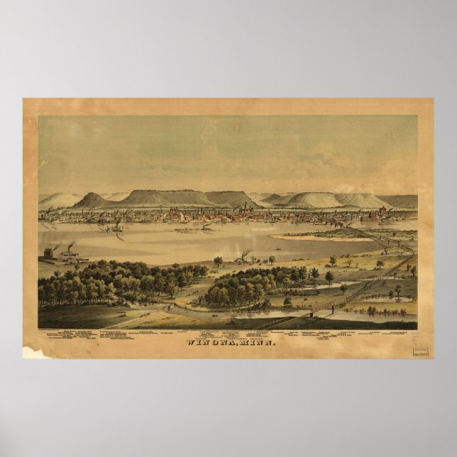 1874 Winona, MN Birds Öga View Panoramic Karta Poster (Framsidan)