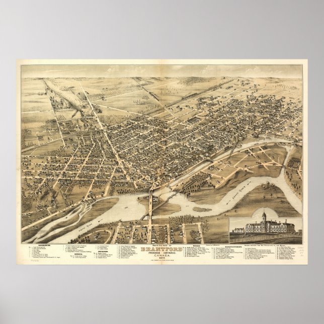 1875 Brantford, Ontario Bird's Öga Panoramic Karta Poster (Framsidan)