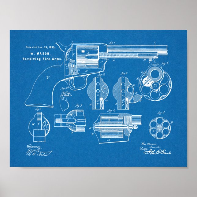 1875 Gun Revolver Patent Art Teckning Skriv ut Poster (Framsidan)
