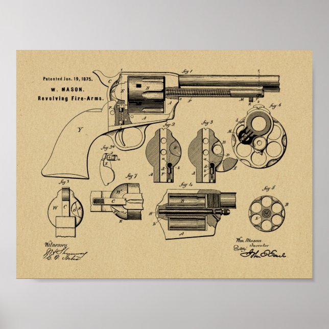 1875 Gun Revolver Patent Art Teckning Skriv ut Poster (Framsidan)