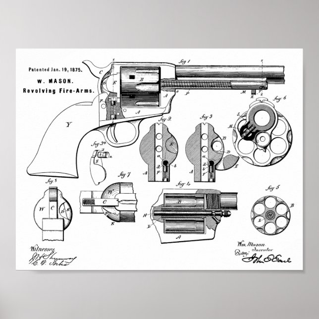 1875 Gun Revolver Patent Art Teckning Skriv ut Poster (Framsidan)