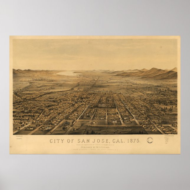 1875 San Jose, CA Birds Öga View Panoramic Karta Poster (Framsidan)