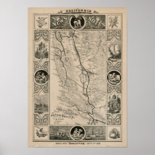 1876 Karta i Kalifornien Poster
