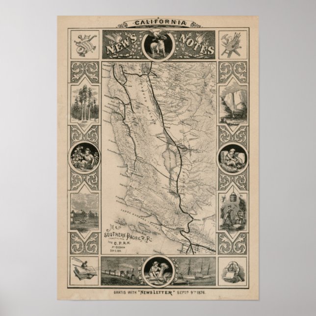 1876 Karta i Kalifornien Poster (Framsidan)