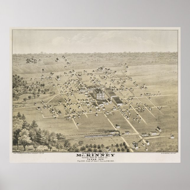 1876 McKinney, TX Birds Öga View Panoramic Karta Poster (Framsidan)