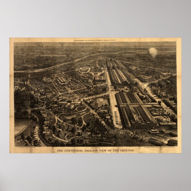 1876 Philadelphia, PA BALLOON View Panoramic Karta Poster (Framsidan)