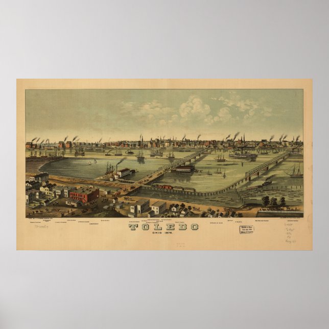 1876 Toledo, OH Birds Öga Panoramic Karta Poster (Framsidan)