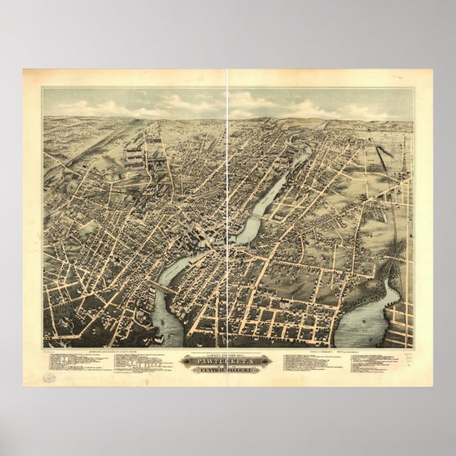 1877 Pawtucket, RI Birds Öga View Panoramic Karta Poster (Framsidan)
