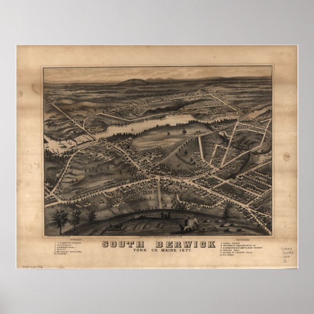1877 South Berwick ME Birds Öga View Panoramic Kar Poster (Framsidan)