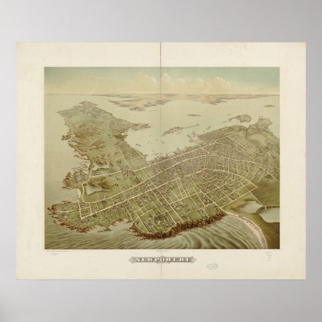 1878 Newport, RI Birds Öga View Panoramic Karta Poster (Framsidan)