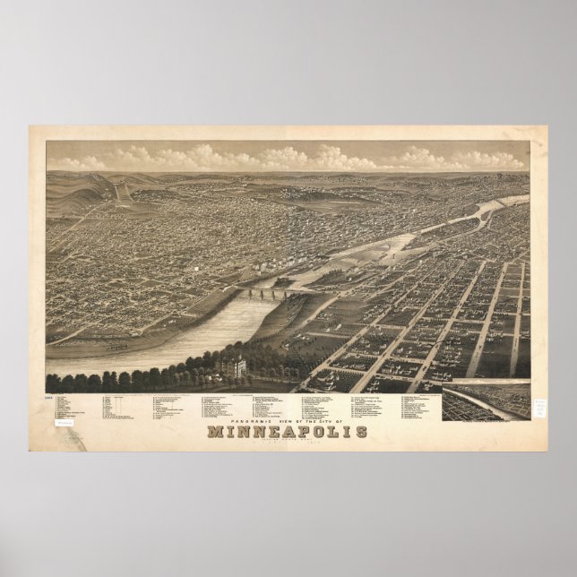 1879 Minneapolis, MN Birds Öga View Panoramic Kart Poster (Framsidan)