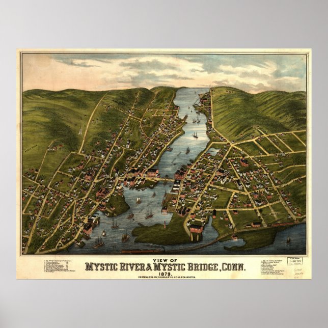 1879 Mystic River & Bridge CT Panoramic Karta Poster (Framsidan)