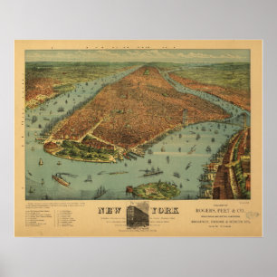 1879 New York City NY Birds Öga View Panoramic Kar Poster