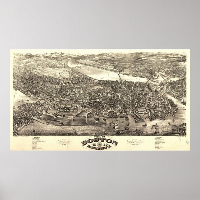 1880 Boston, MORSA Birds Öga View Panoramic Karta Poster (Framsidan)