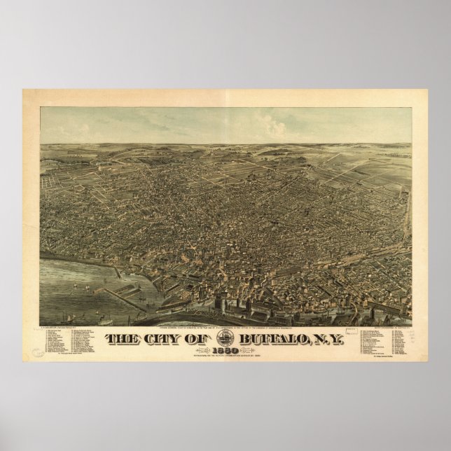 1880 Buffalo, NY Birds Öga View Panoramic Karta Poster (Framsidan)