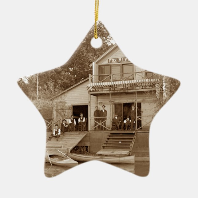 1880:e Manar Klubb Fox River Klubb Fishing Elgin Julgransprydnad Keramik (Framsidan)