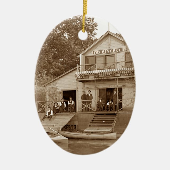 1880:e Manar Klubb Fox River Klubb Fishing Elgin Julgransprydnad Keramik (Framsidan)