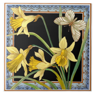 1880 Maw & Co Transferware Victorian Daffodil Tile Kakelplatta