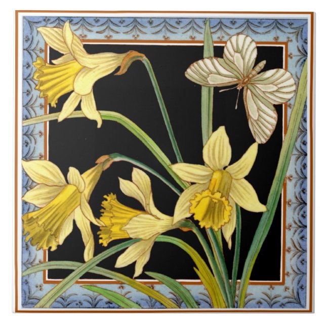 1880 Maw & Co Transferware Victorian Daffodil Tile Kakelplatta (Framsidan)