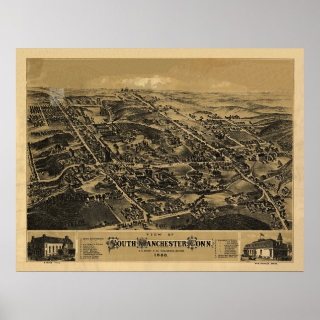 1880 South Manchester CT Birds Öga Panoramic Karta Poster (Framsidan)