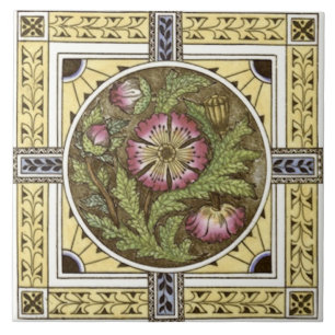 1880-talets Gul ros Multi Transferware Tile Repro Kakelplatta